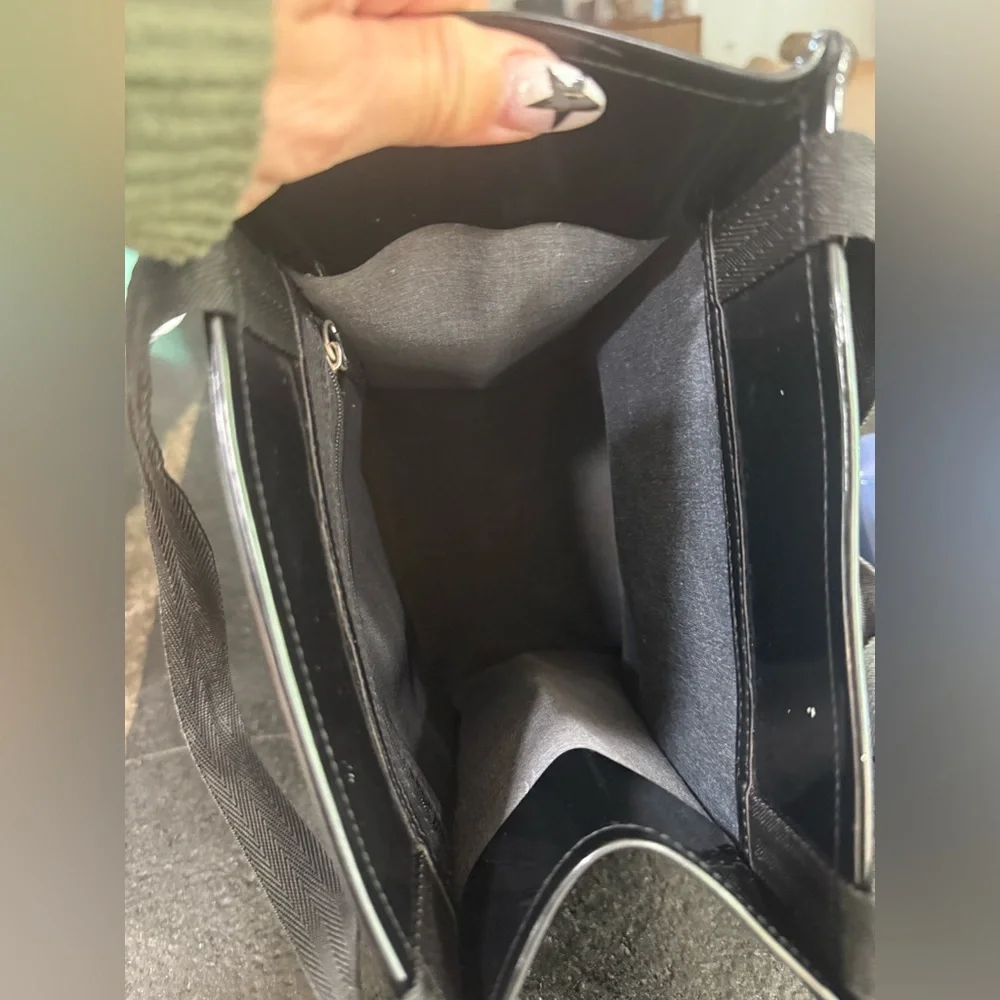 Saks Fifth Avenue Black Patent Leather Pocket Shopping Bag Tote - Picture 9 of 9